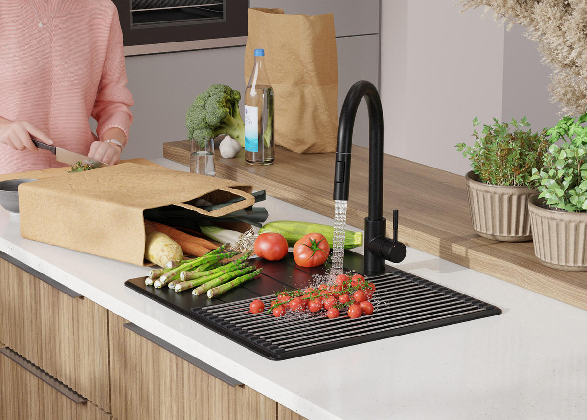 SPÜLBECKEN Kopenhagen, 2-er set Alles Schwarz 55/50 cm 1 Becken + Ablauf-Set + Schneidebrett ab 40er Unterschrank - Schwarz, Kunststoff (55/20/50cm) - Primagran