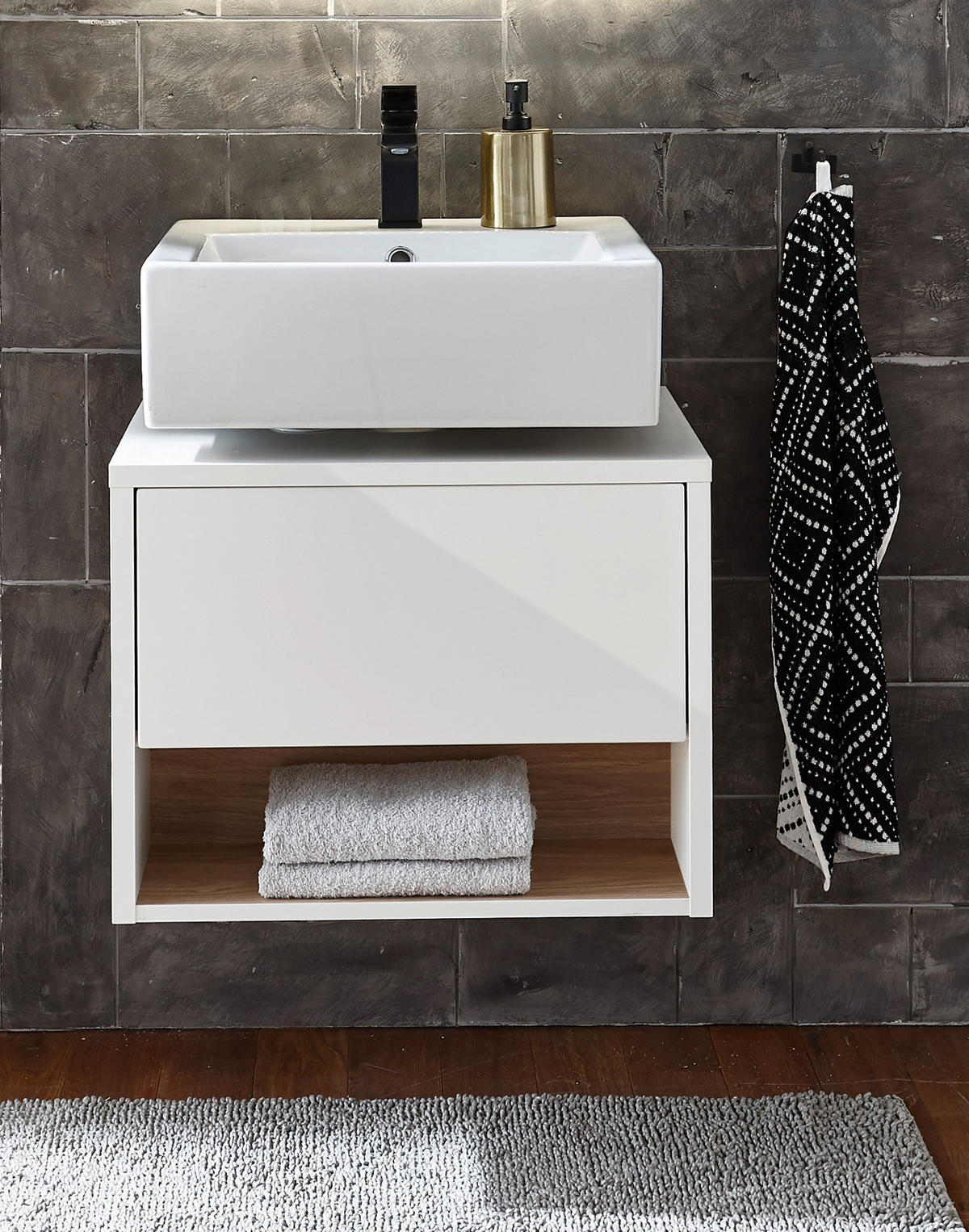 WASCHBECKENUNTERSCHRANK weiß Hochglanz, Eiche 60 cm, Bad Unterschrank mit Push-to-Open - Weiß Hochglanz, Holzwerkstoff (60/44/46cm) - Furn.Design