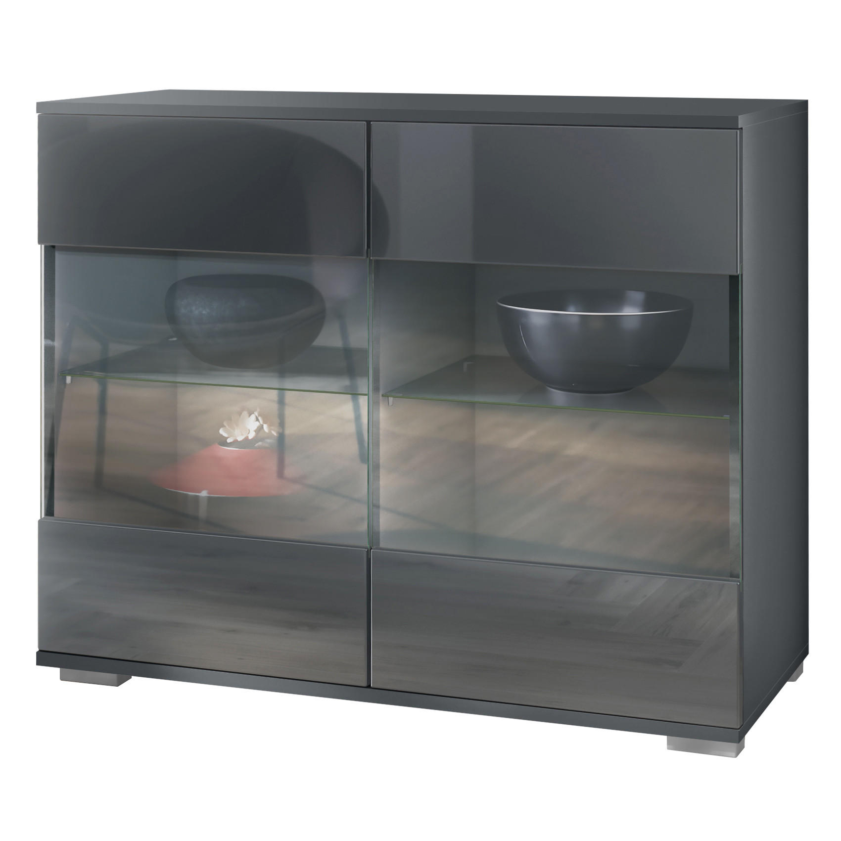 KOMMODE Bari Grau Hochglanz - Grau, Holzwerkstoff (92.5/75.5/35cm) - Vladon