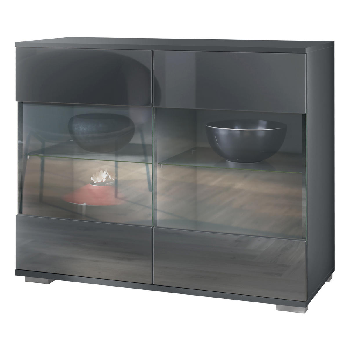 KOMMODE Bari Grau Hochglanz - Grau, Holzwerkstoff (92.5/75.5/35cm) - Vladon
