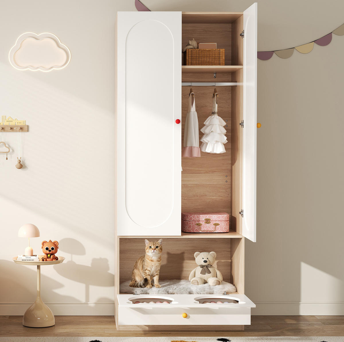 KLEIDERSCHRANK 80/50/200 cm in Weiß/Natur mit Kleiderstange und Haustierbereich - Naturfarben, Holzwerkstoff (80/200/50cm) - BEAOK