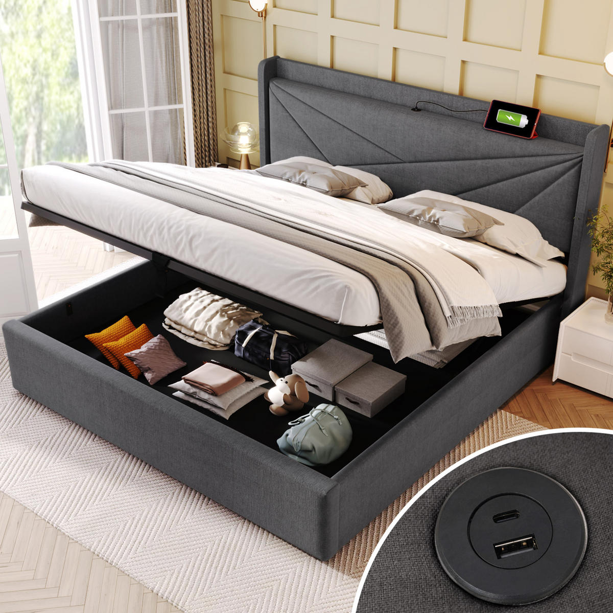 POLSTERBETT mit Bettkasten 180/200 cm in Grau mit USB-C und gepolstertem Kopfteil - Grau, Textil (180/200cm) - BEAOK