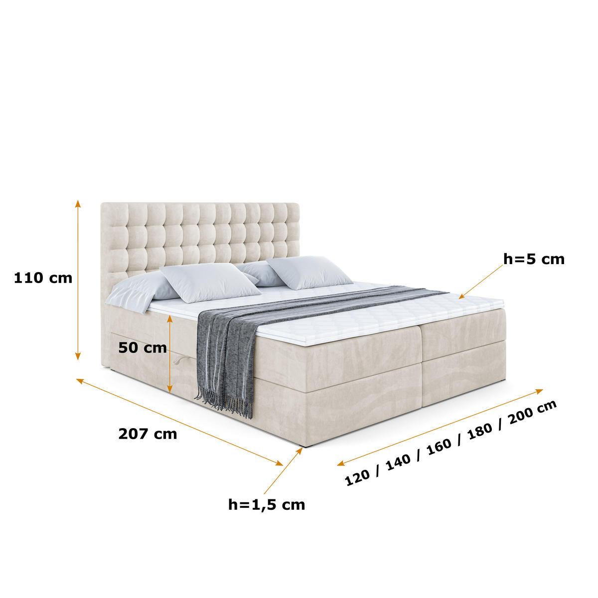 BOXBETT mit H3-Matratze und Lattenrost - VIONE - 160x200 Ecru - Ecru, Holzwerkstoff (160/200cm) - ALTDECOR