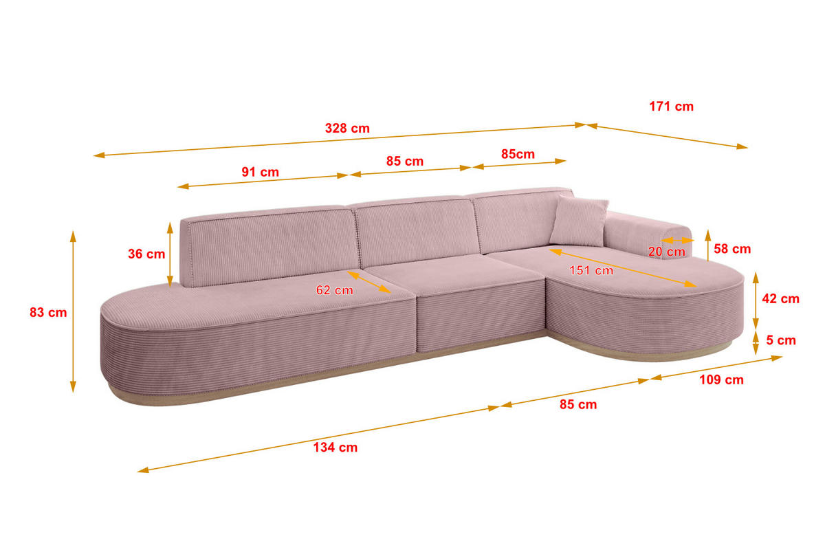 ECKSOFA Ottomane Rechts MARI-L2-v1 - 328x171x83 cm Rosa Cord - Rosa, Holzwerkstoff/Textil (171/328cm) - ALTDECOR