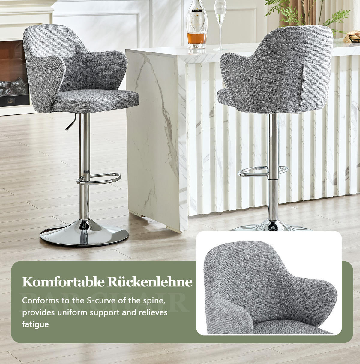 BARHOCKER 2er-Set höhenverstellbar drehbar mit Armlehnen Stoff Gray - Grau, Metall (37.6/118/45cm) - Meubliv
