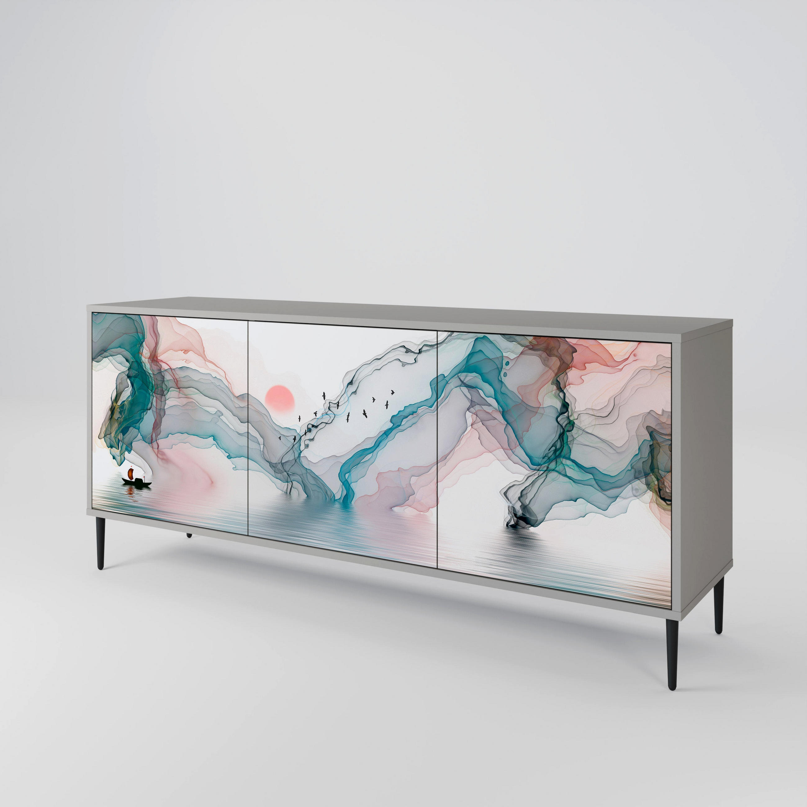SIDEBOARD VELVET CROSSING, Graue Oberfläche, 164,5x42x72,5 cm, 3 Türen - Schwarz/Grau, Holzwerkstoff/Metall (164.5/72.5/42cm) - SpaceRebels