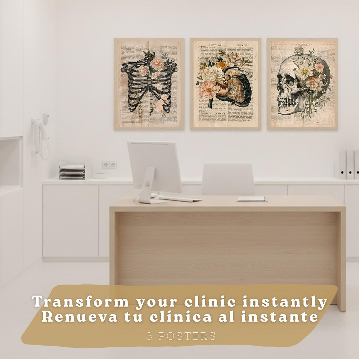 POSTER Set aus 3 Anatomie Mensch Drucke und Wandbilder mit Leber Rippen und Schädel Retro Floraler Stil Medizinische Wanddekoration Größe Rahmenlos A4 - Klar, Papier (21/29.7/3cm) - Nacnic