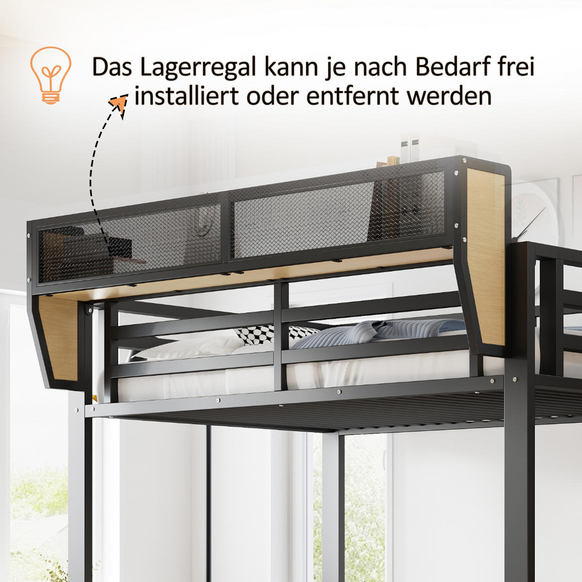 HOCHBETT mit Regalen und Treppe Schwarz - Schwarz, Holzwerkstoff/Metall - Urban Meuble