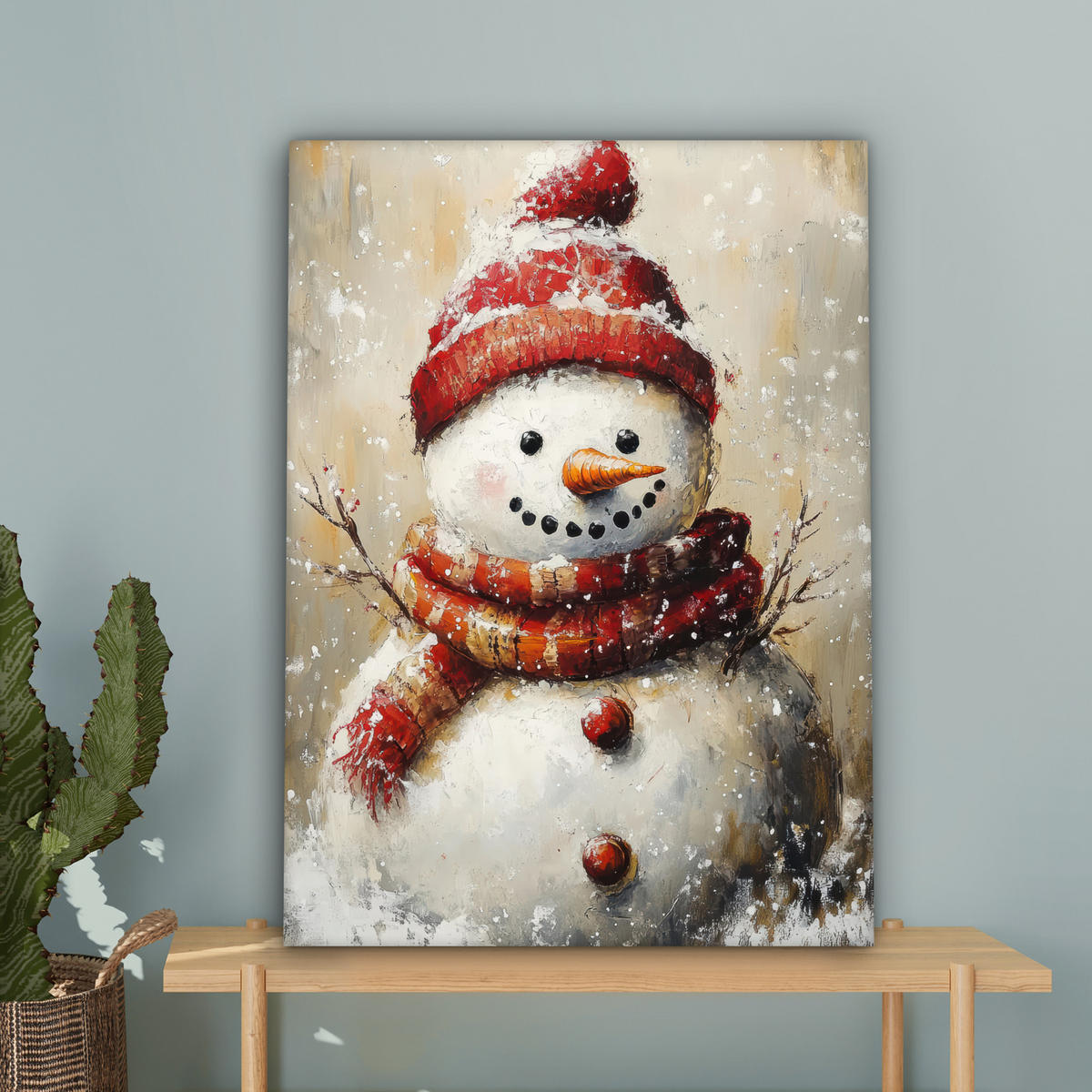 LEINWANDBILD Schneemann - Winter - Schnee - Beige 60x80 cm - Weiß, Textil (60/80cm) - MuchoWow