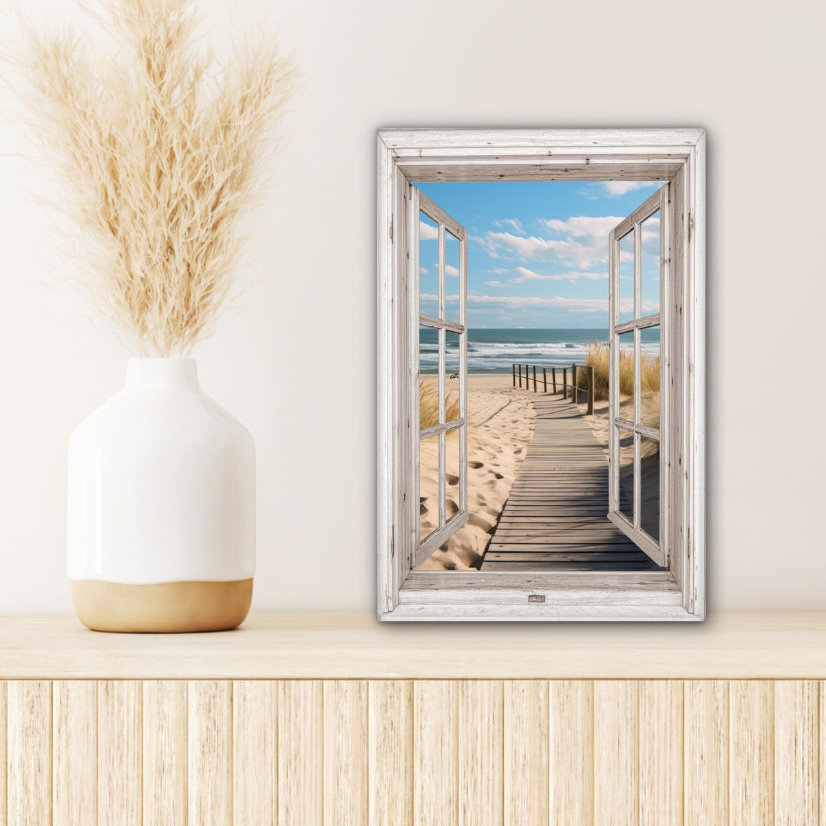 LEINWANDBILD Fenster - Meer - Küste - Natur - Ausblick - Strand - Wattenmeer 20x30 cm - Beige, Textil (20/30cm) - MuchoWow