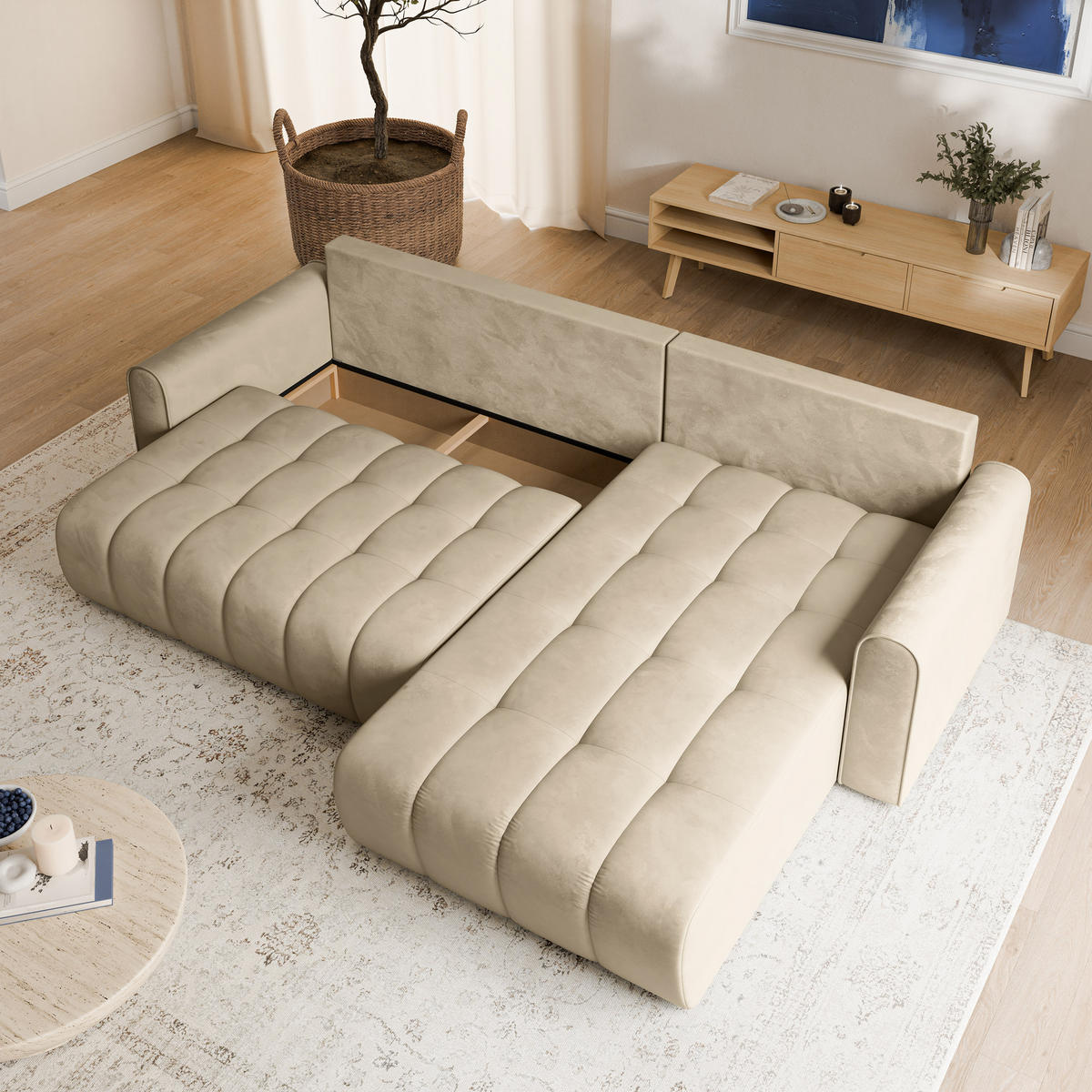 ECKSOFA FRIGA Creme Velours-Stoff mit Schlaffunktion - Creme, Holz (283/185cm) - MASSENO