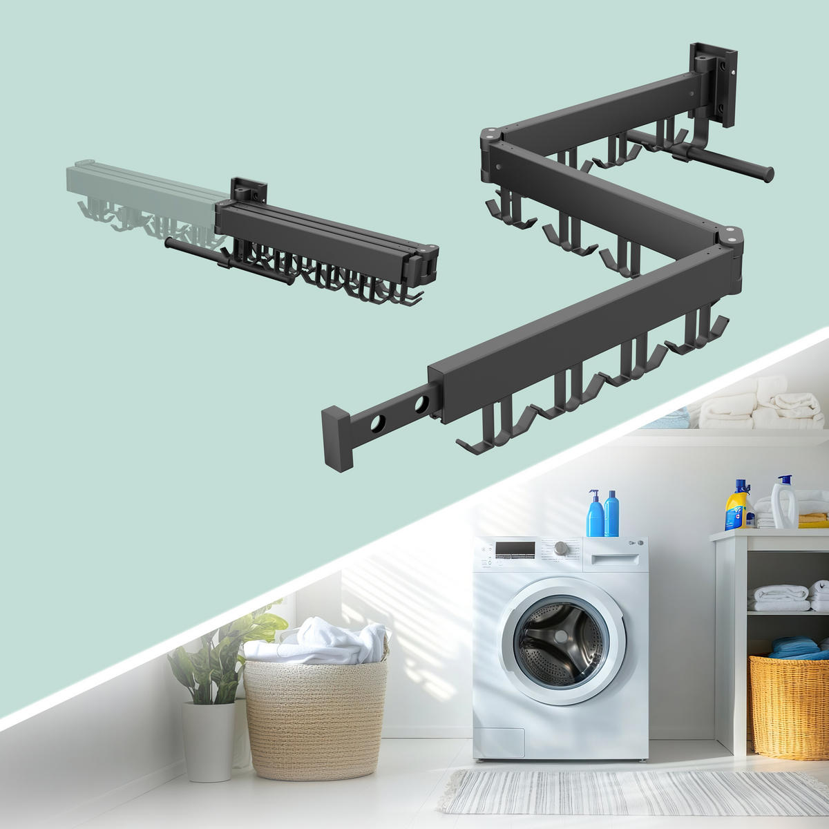 STOJAN na bielizeň na stene - čierna, kov/plast (127/12/26cm) - Relaxdays