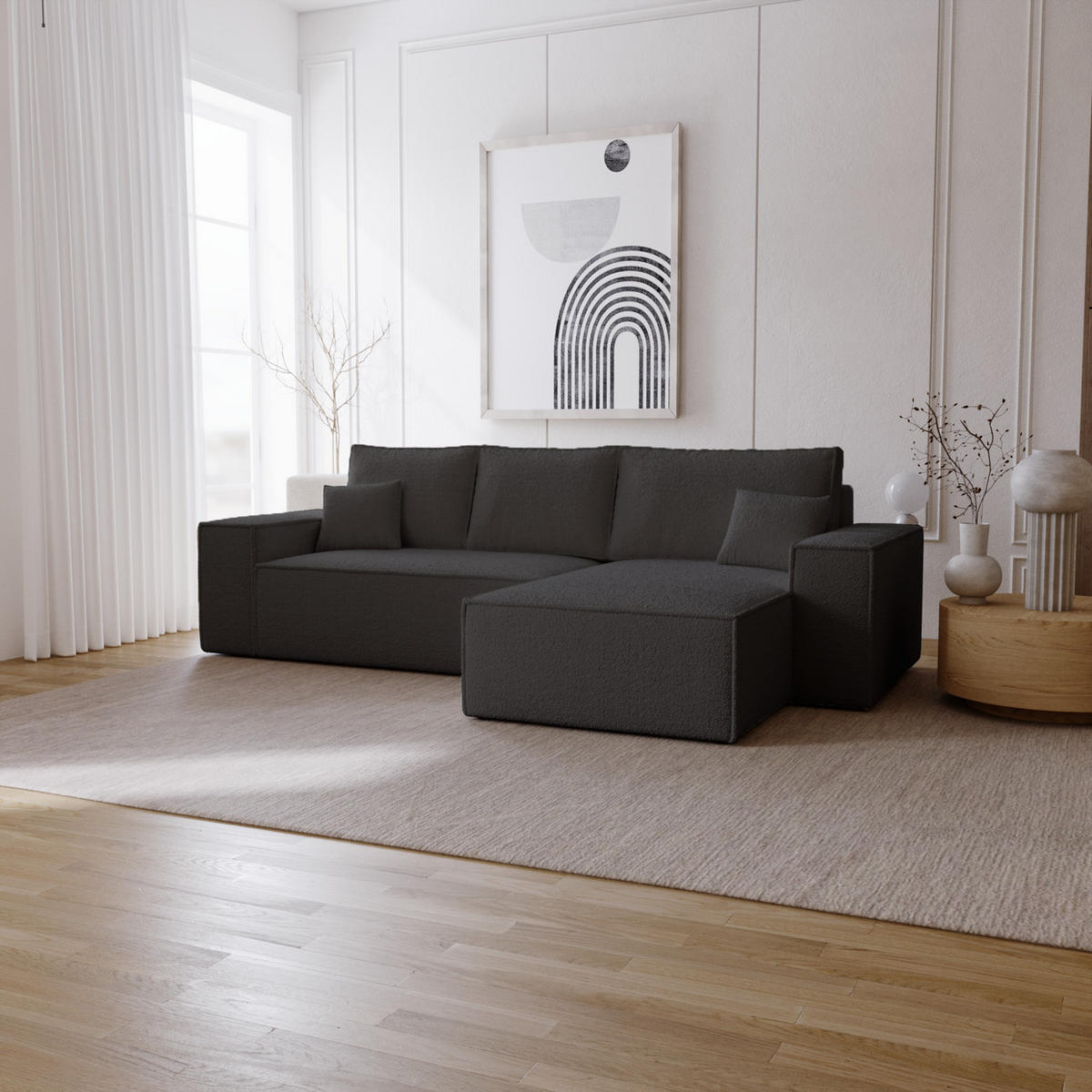 ECKSOFA Bouclé 280 cm Bergamo L mit Bettkasten, Schlaffunktion, Rechts - Schwarz - Schwarz, Holz (189/277cm) - Emporius