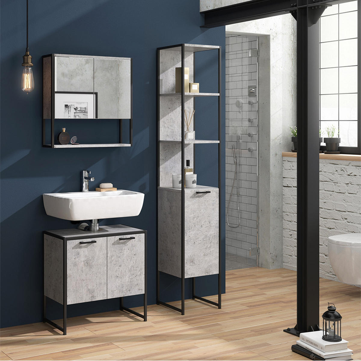 BADSCHRANK Fyrk Beton 33 x 185 cm - Grau, Holzwerkstoff (33/185/33cm) - Vicco