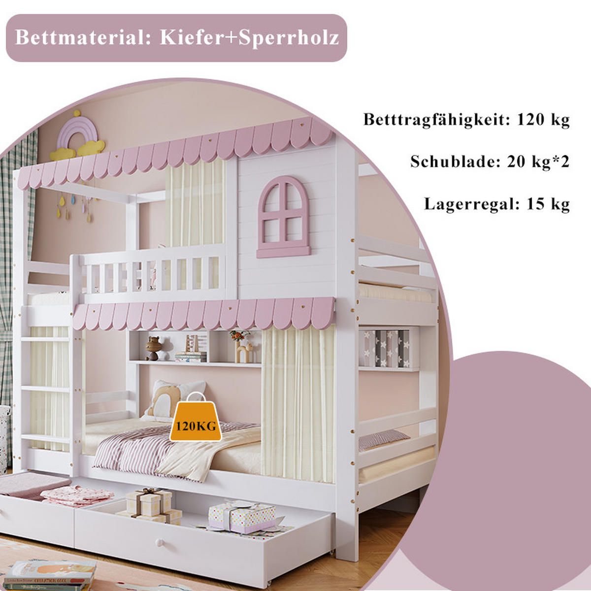 ETAGENBETT 90x200 cm Vorhang Schubladen rosa - Weiß, Holz (90/200cm) - LEBENLANG