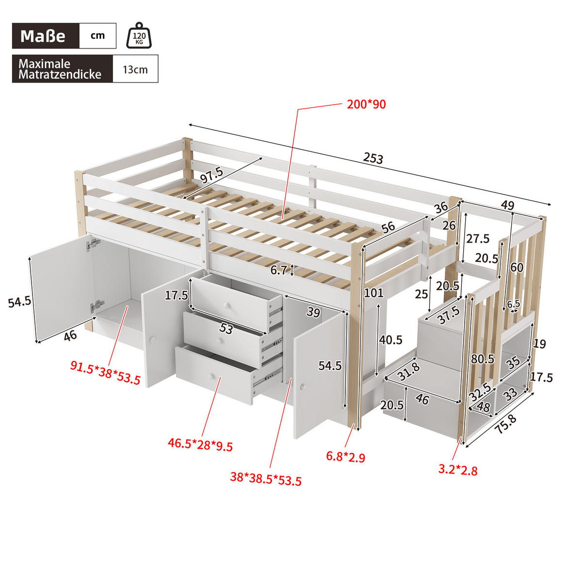 VISOKA postelja 90/200 cm bela z lestvenimi stopnicami, predali in omarama iz MDF - bela, leseni material (90/200cm) - OKWISH