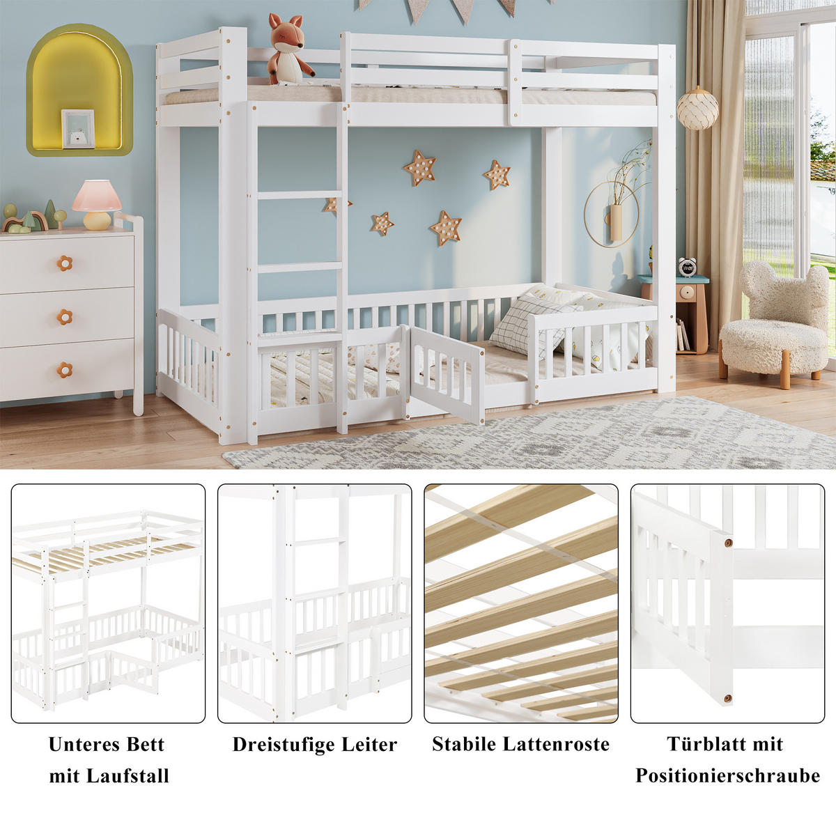 ETAGENBETT 90x200 cm Treppe Tür weiß - Weiß, Holz (90/200cm) - LEBENLANG