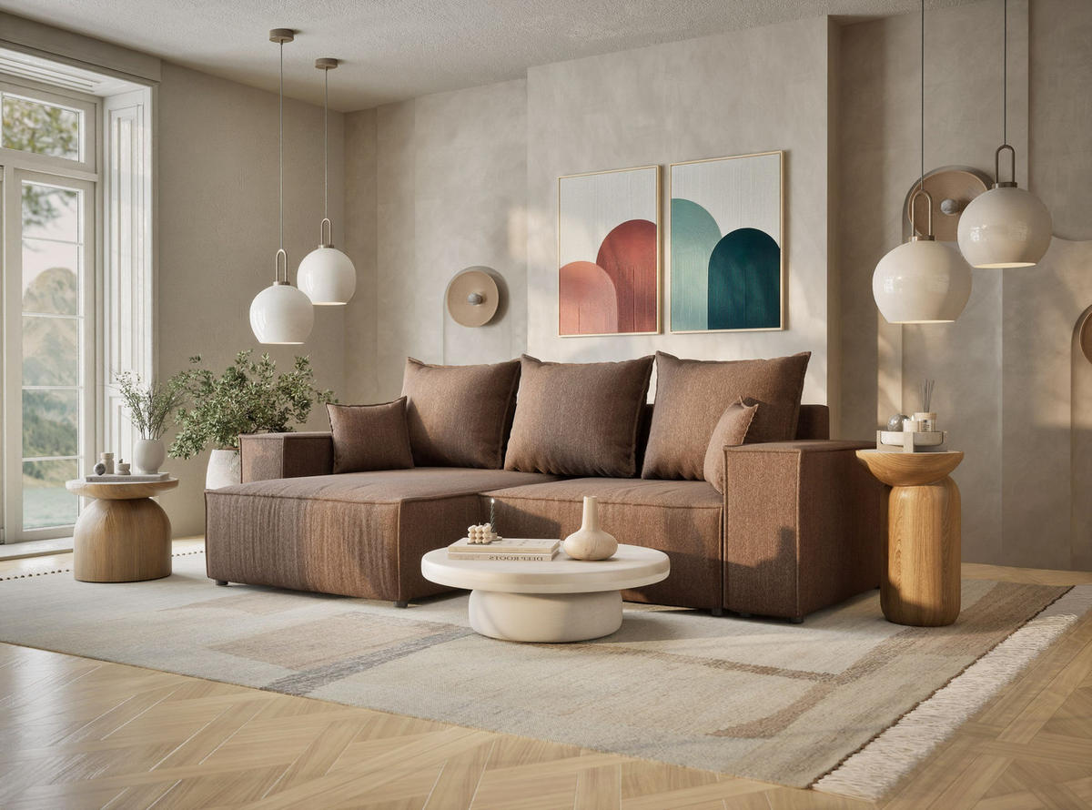 ECKSOFA MIT SCHLAFFUNKTION Moyo Hellbraun Webstoff - Hellbraun/Schwarz, Holz/Holzwerkstoff (255/148cm) - Maison de Reve