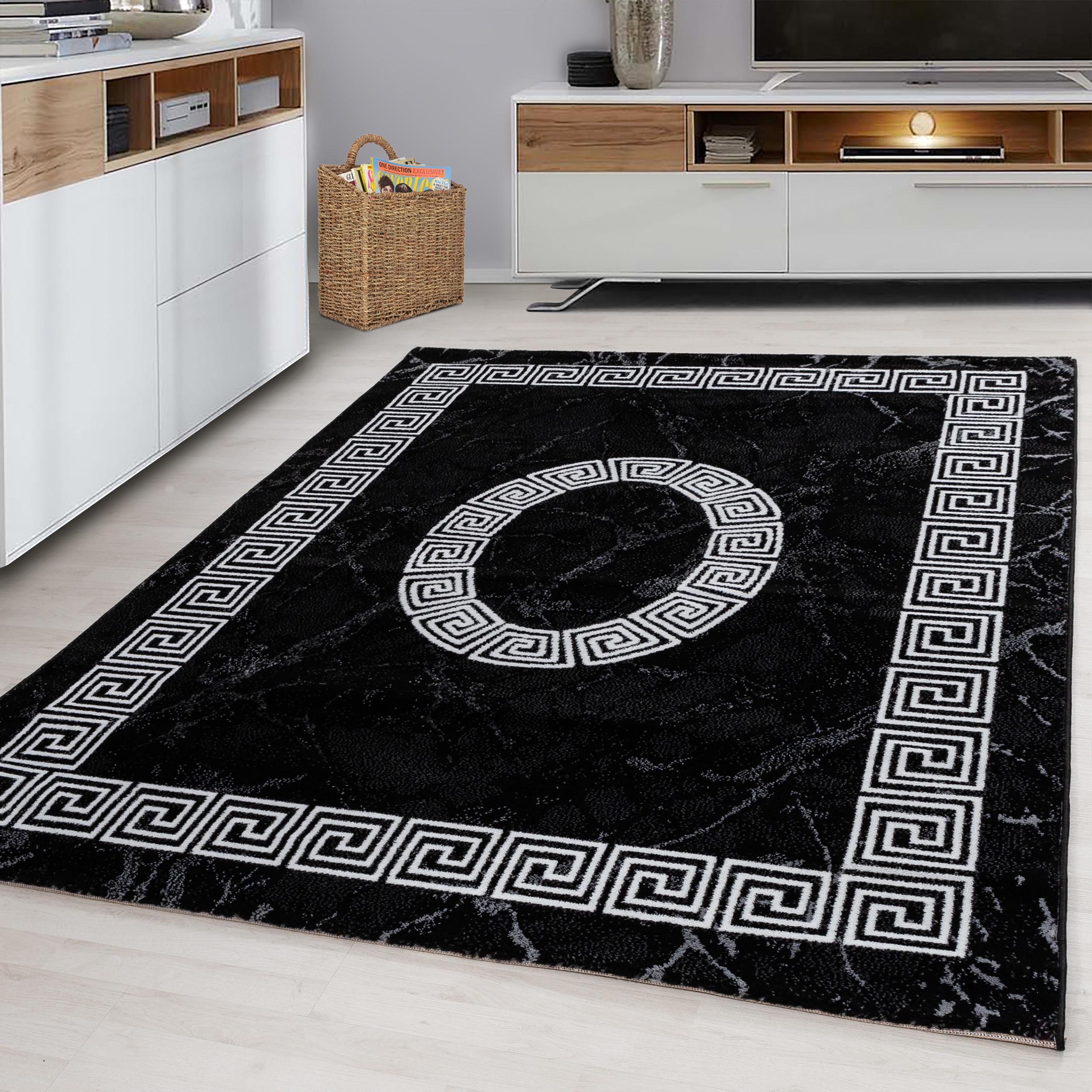 TEPPICH Kurzflor Mäander-Muster Polypropylen Wohnzimmer Schwarz Rechteckig 140x200 - Schwarz, Textil (140/200cm) - KADIMA DESIGN