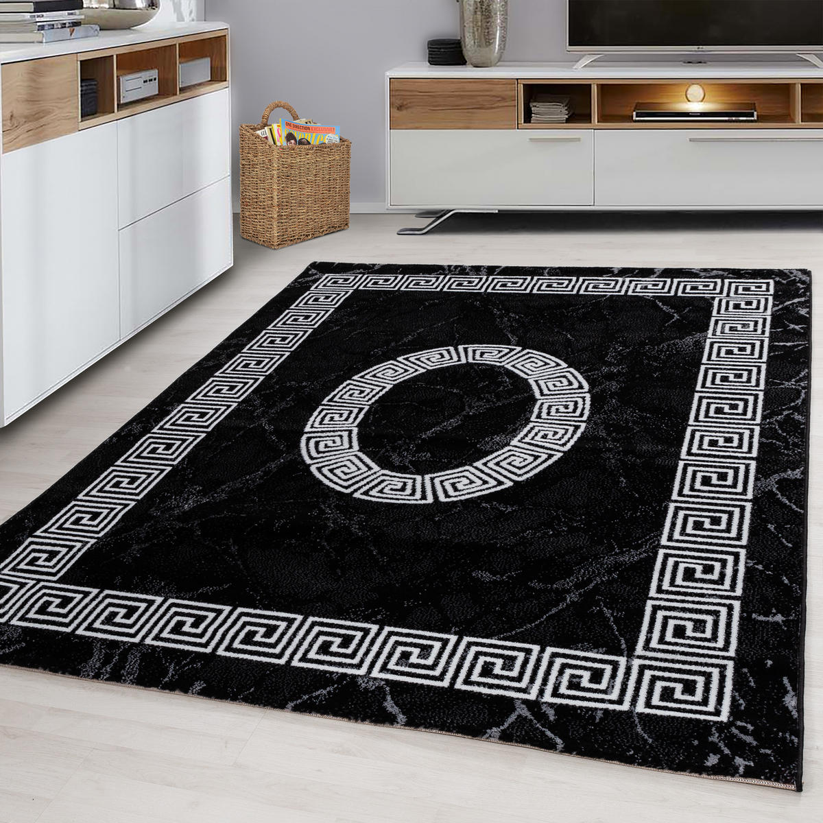 TEPPICH Kurzflor Mäander-Muster Polypropylen Wohnzimmer Schwarz Läufer 80x150 - Schwarz, Textil (80/150cm) - KADIMA DESIGN