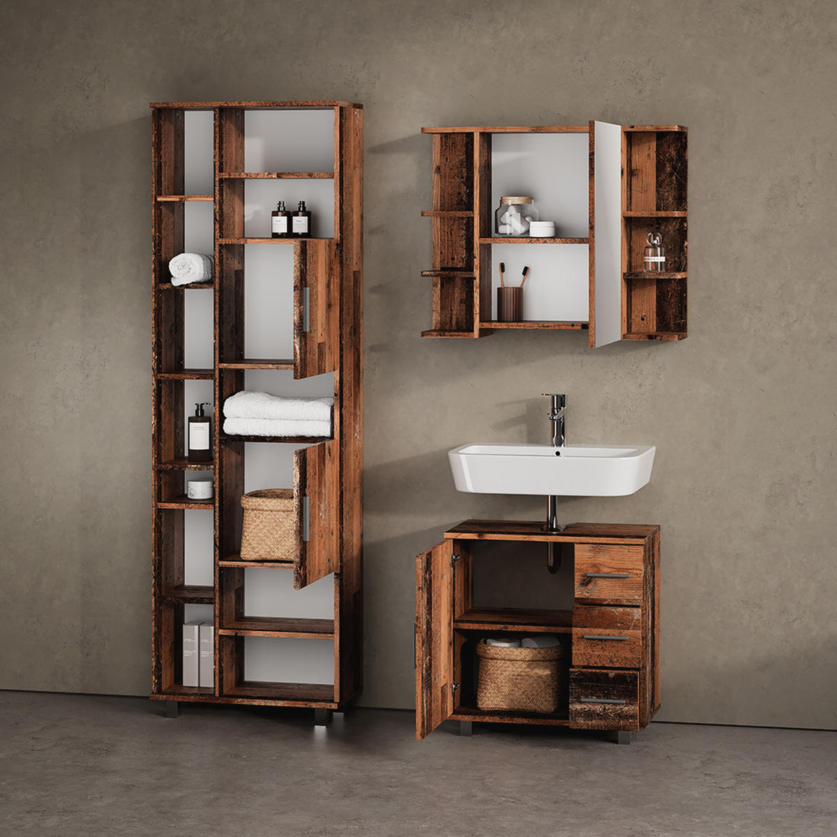 BADMÖBEL-SET Eisak Eiche rustikal 3 Teile, mit Unterschrank 60 cm - Wildeiche, Holzwerkstoff (60/60/33cm) - Livinity®