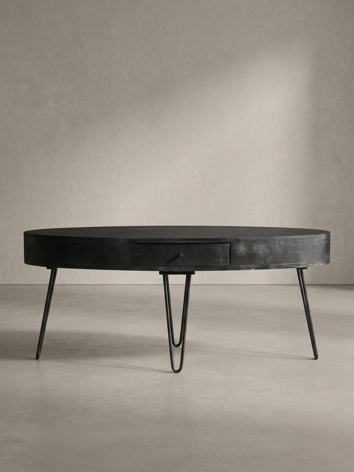 COUCHTISCH in Mango-Massivholz und Metall, 100x50x40 cm, Oval, mit Schublade, Stauraum und Haarnadelbeinen - Schwarz, Holz/Metall (50/100/40cm) - KADIMA DESIGN