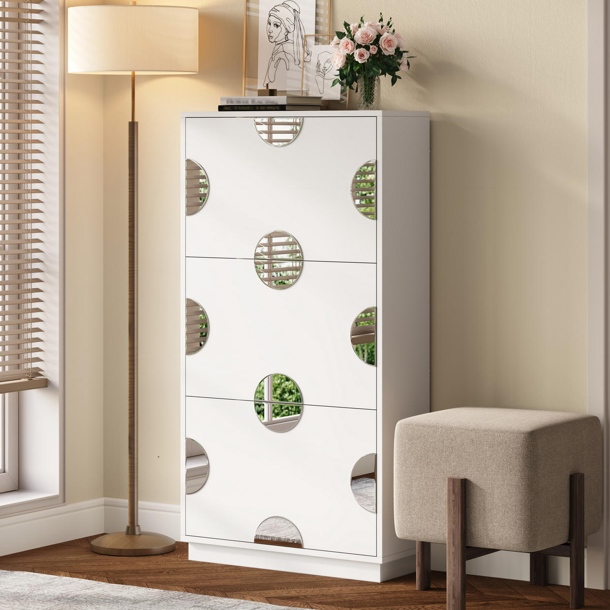 SCHUHSCHRANK 3 Klappen Spiegel Stauraum weiß - Weiß, Holz (63/120/24cm) - LEBENLANG