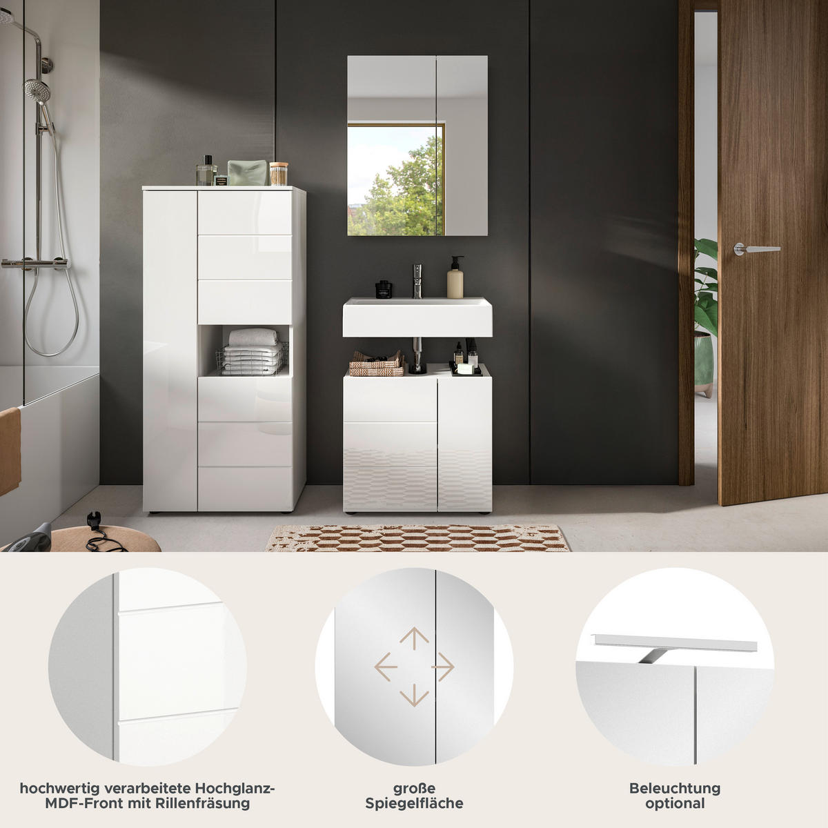 BADKOMBINATION 3tlg. Vira Bad in weiß Melamin und weiß hochglanz B/H/T: 135x190x34 cm - Weiß, Holz (135/190/34cm)