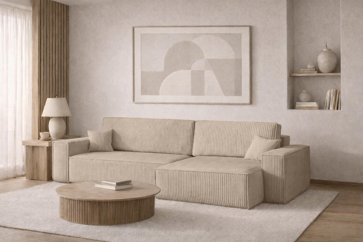 ECKSOFA Mit Schlaffunktion Und Bettkasten, Eckcouch BEST XL Stoff Poso Dicker Cord Dunkelbeige Rechts - Beige/Schwarz, Holz/Kunststoff (274/142cm) - Kaiser Möbel