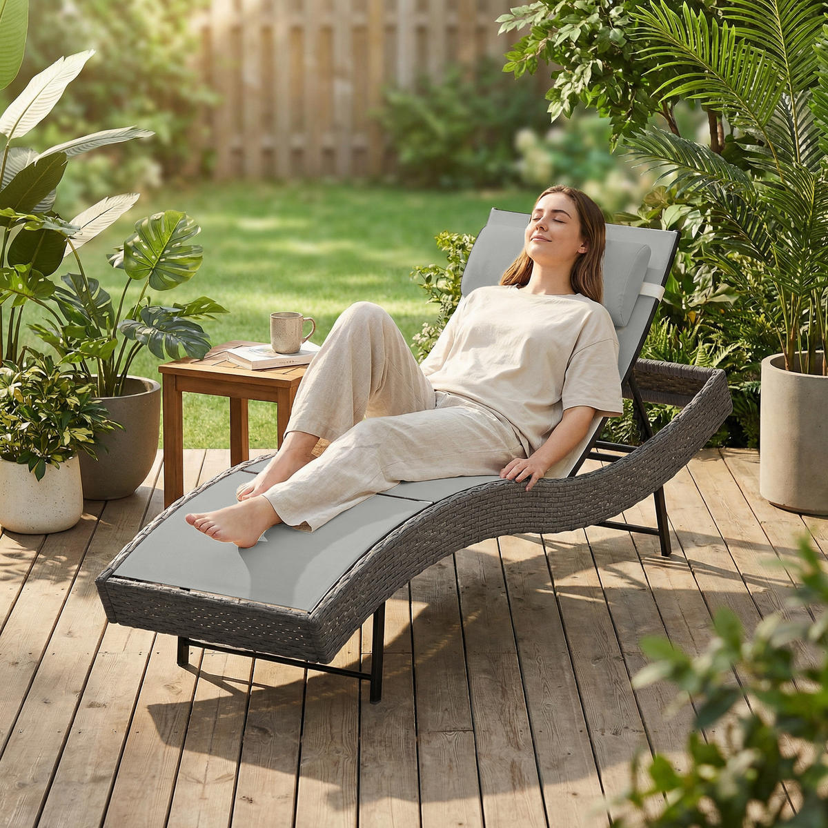 RATTAN-SONNENLIEGE PE-Rattan Metall Hellgrau - Hellgrau, Textil/Metall (61/44/198cm) - Outsunny