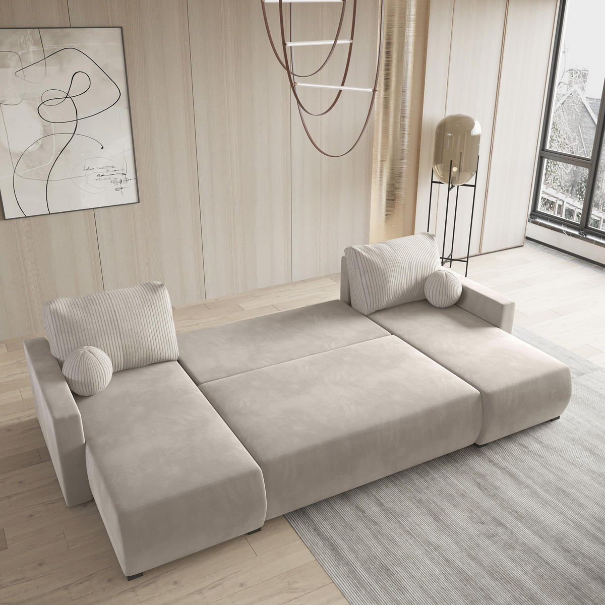 WOHNLANDSCHAFT TESSUN Creme Plüsch-Stoff mit Schlaffunktion - Creme, Holz (286/85/143cm) - MASSENO