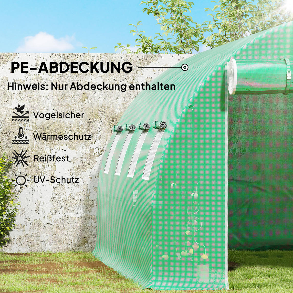 GEWÄCHSHAUSFOLIE 3 x 4 m, wasserdicht Polyethylenfolie mit Rolltür, 8 Fenster - Grün, Kunststoff (300/200/400cm) - Outsunny
