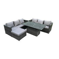 GARTENMÖBEL HÖHENVERSTELLBARER ESSTISCH SET MIT HOCKER Patio 7-Sitzer - Dunkelgrau/Grau, Glas/Kunststoff - Fimous