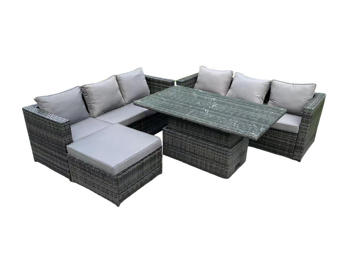 GARTENMÖBEL HÖHENVERSTELLBARER ESSTISCH SET MIT HOCKER Patio 7-Sitzer - Dunkelgrau/Grau, Glas/Kunststoff - Fimous
