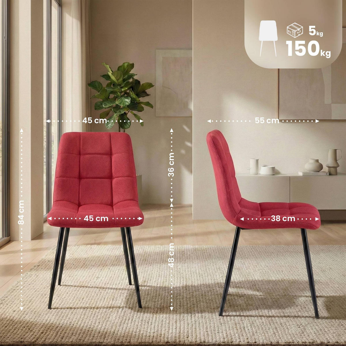 ESSZIMMERSTÜHLE Antibes 4er Set 84x45x55 cm rot - Rot, Textil (45/84/55cm) - furnicato
