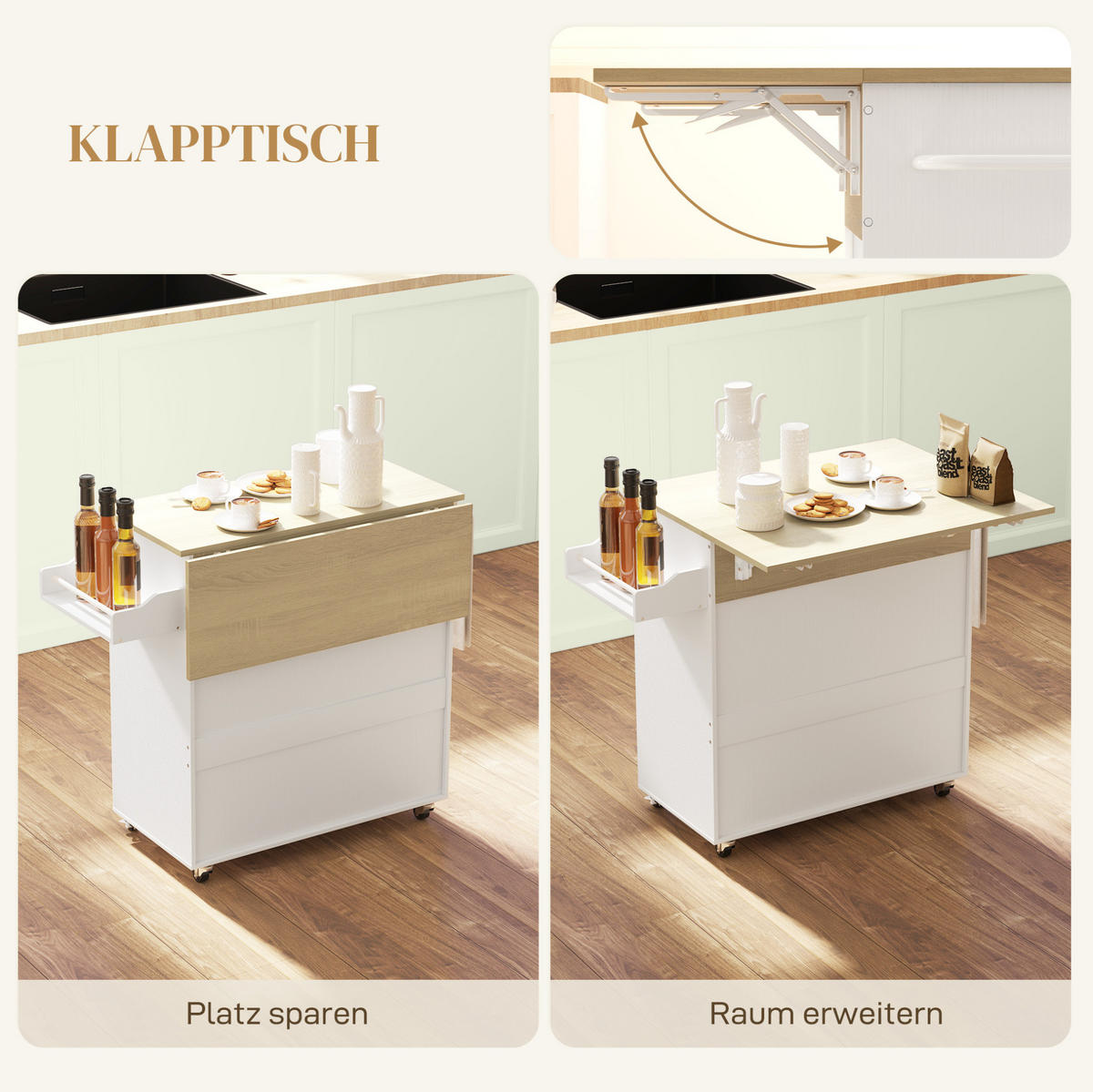 KÜCHENINSEL 106/42/87 cm mit klappbarer Arbeitsplatte, Stauraum und Rollen aus MDF, Weiß - Weiß, Holzwerkstoff (106/87/42cm) - Redom