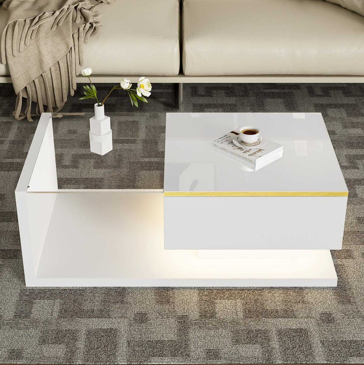 COUCHTISCH 90/50/32,5 cm in Hochglanz-Weiß mit LED-Beleuchtung und Glasplatte - Weiß, Holzwerkstoff (90/50/32.5cm) - Flora Grace