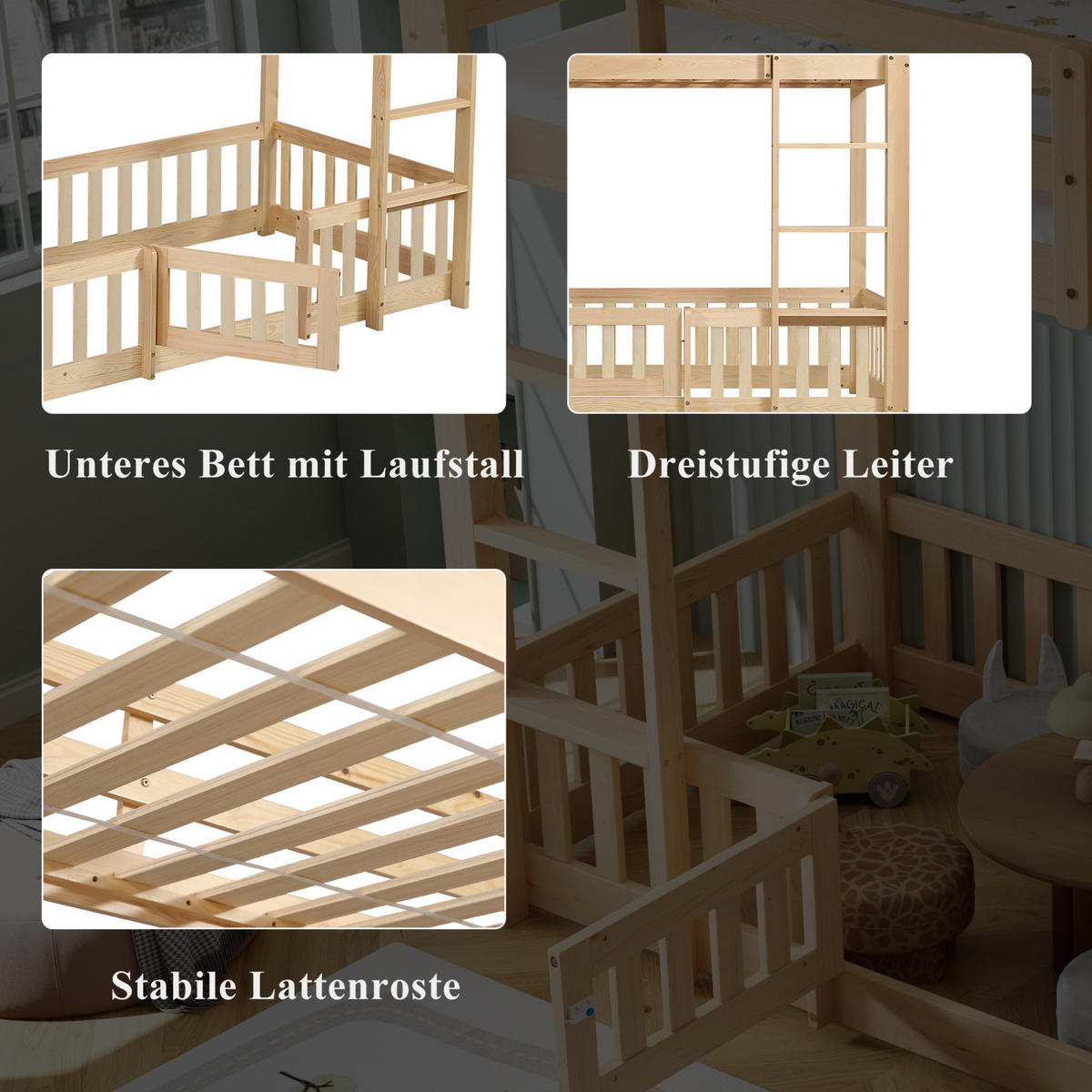 ETAGENBETT aus Massivholz 90x200 cm in Natur mit rechtwinkliger Treppe - Naturfarben, Holz (90/200cm) - Modfu