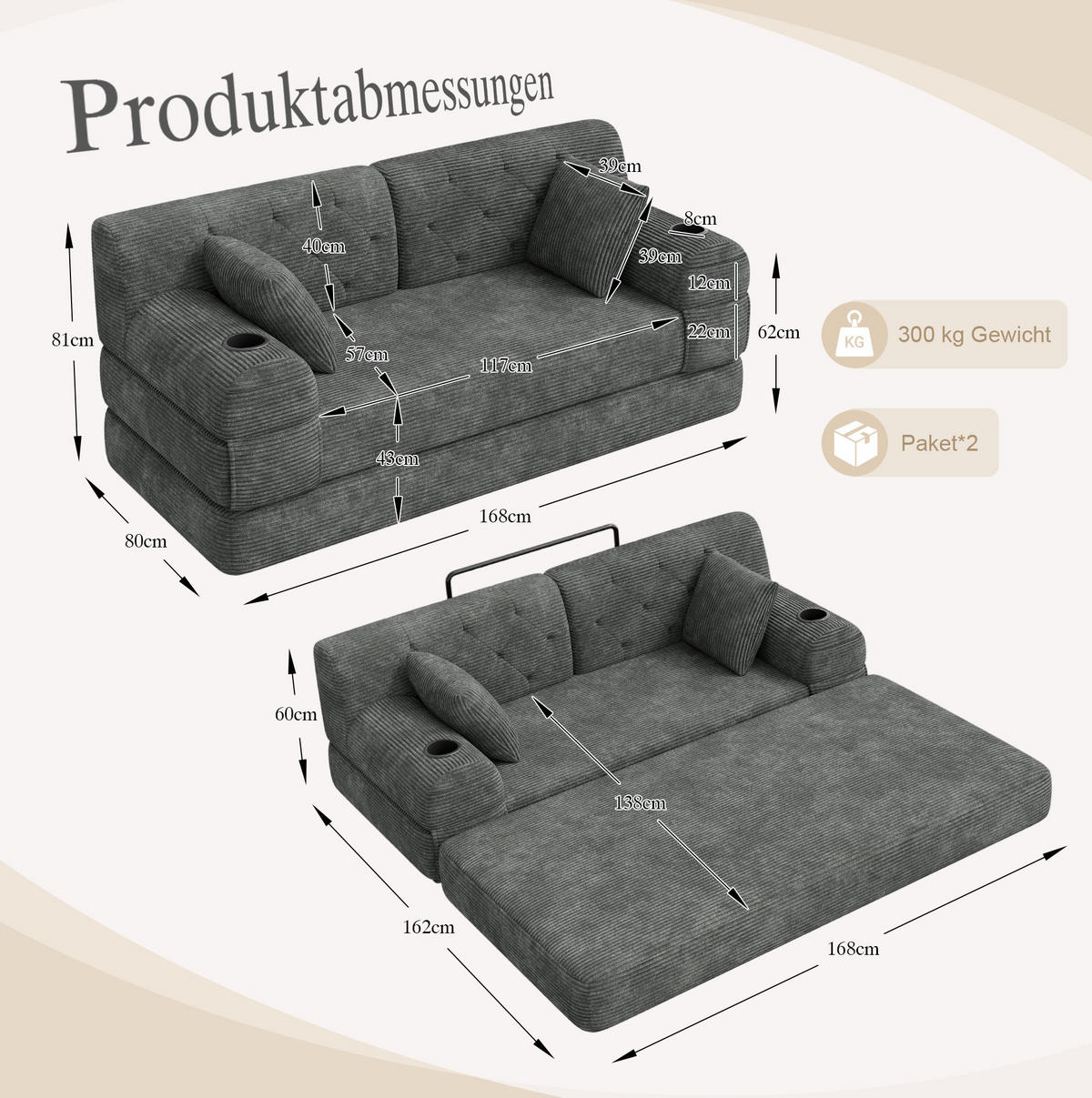 SCHLAFSOFA 2-Sitzer mit Schlaffunktion 168 x 80 cm Cord Dunkelgrau - Dunkelgrau, Kunststoff (80/81/168cm) - Meubliv