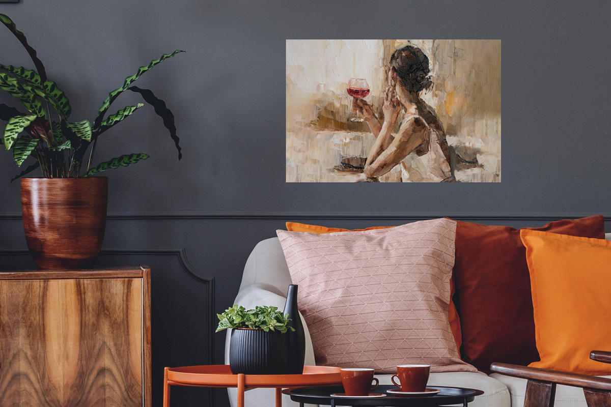 WANDTATTOO Ölgemälde - Frau - Wein 60x40 cm - Hellbraun, Kunststoff (60/40/0.1cm) - MuchoWow