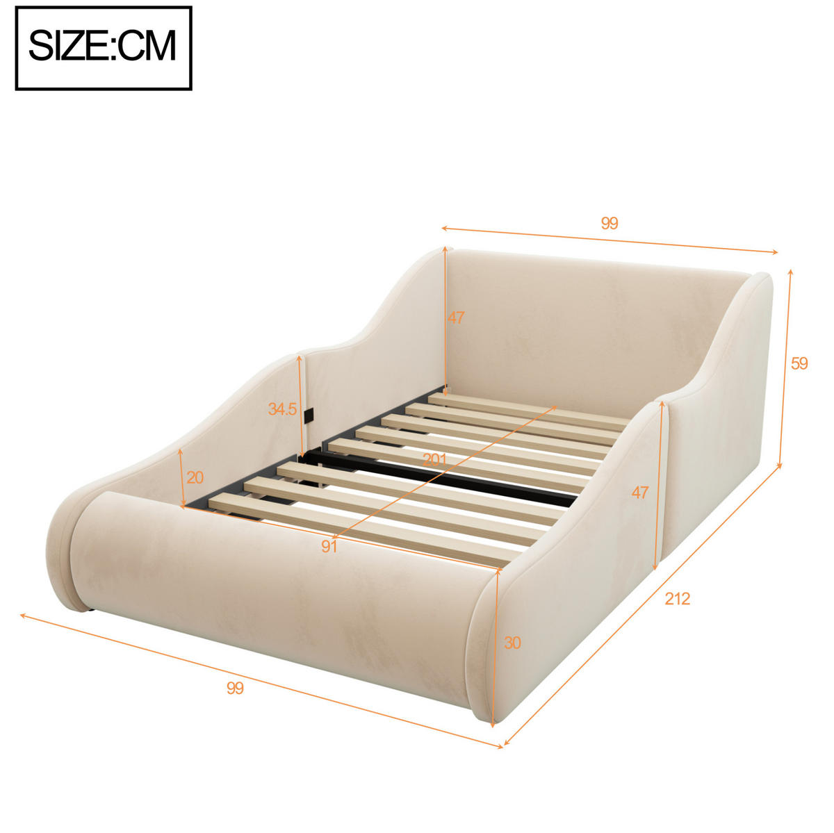 POLSTERBETT 90/200 cm in Beige mit Seitenschutz und gepolstertem Kopfteil - Beige, Textil (90/200cm) - Flora Grace
