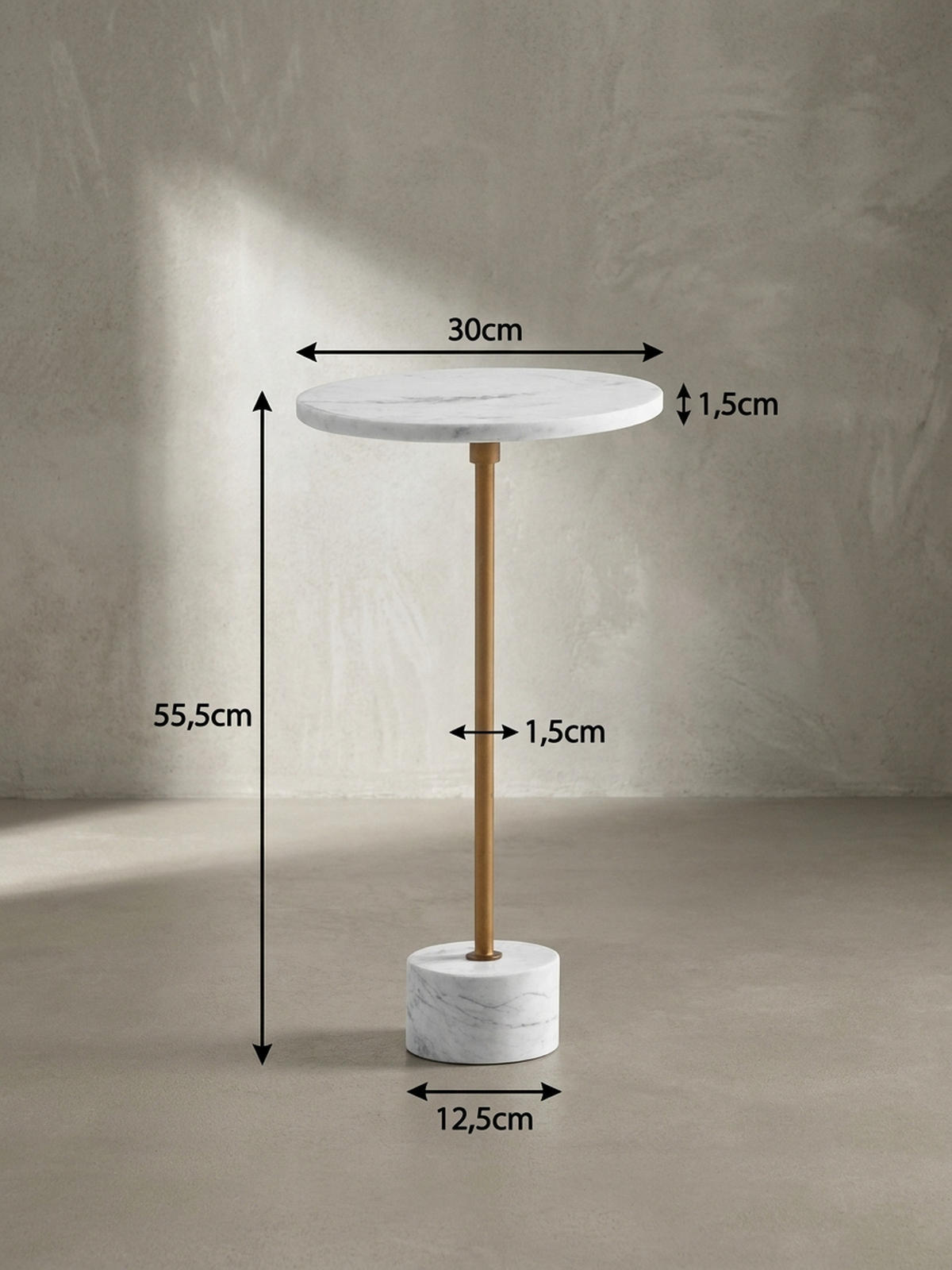 BEISTELLTISCH – Rund Echter Marmor Weiß Gold 30x30x55,5 cm - Weiß, Metall (30/30/56cm) - KADIMA DESIGN