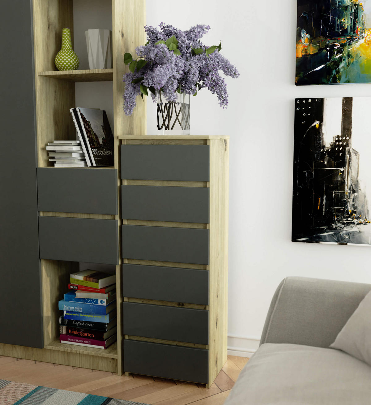 KOMMODE Eiche Artisan, Grau 40x35x109 cm - Eiche Artisan/Grau, Holzwerkstoff (40/109/35cm) - Akord