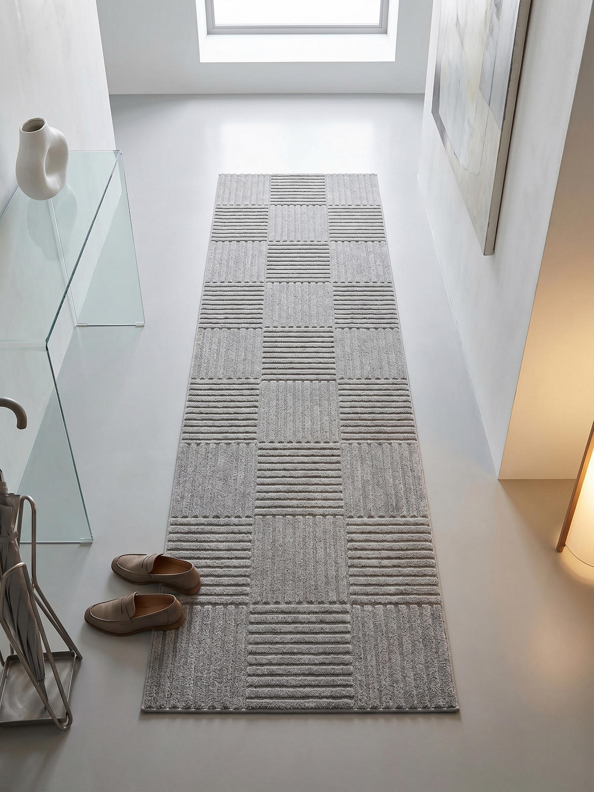 TEPPICH Hochflor RIGI in Silber, mit Cord-Streifen-Patchwork, 80 x 250 cm - Silberfarben, Textil (80/250cm) - KADIMA DESIGN