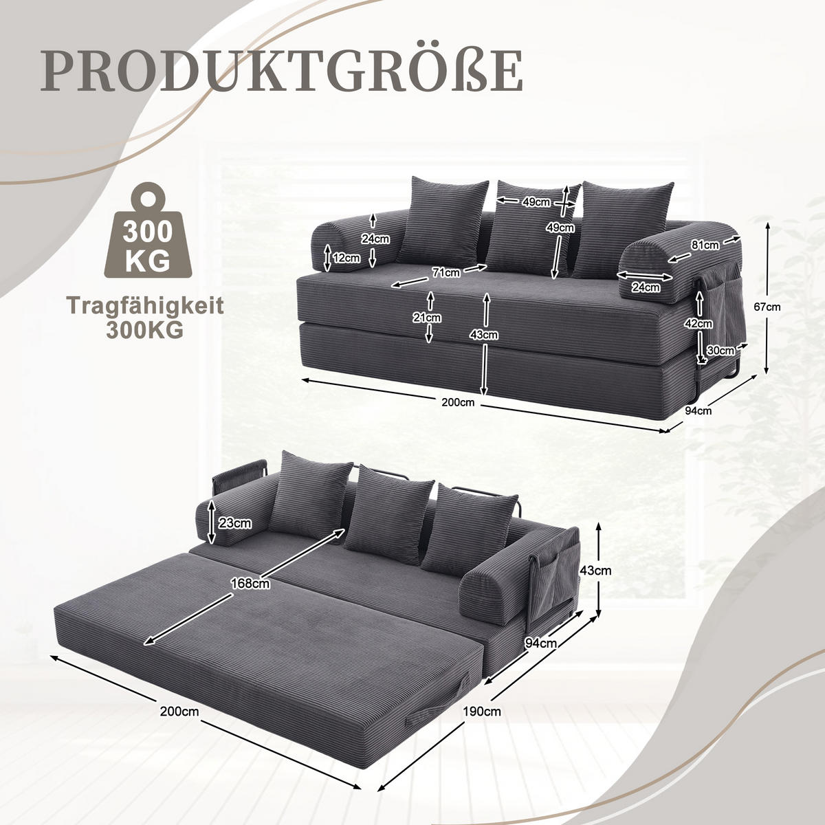 SCHLAFSOFA 200/94/67 cm Dunkelgrau mit Seitentaschen plus und 3 Kissen - Dunkelgrau, Textil (200/67/94cm) - Oxeza