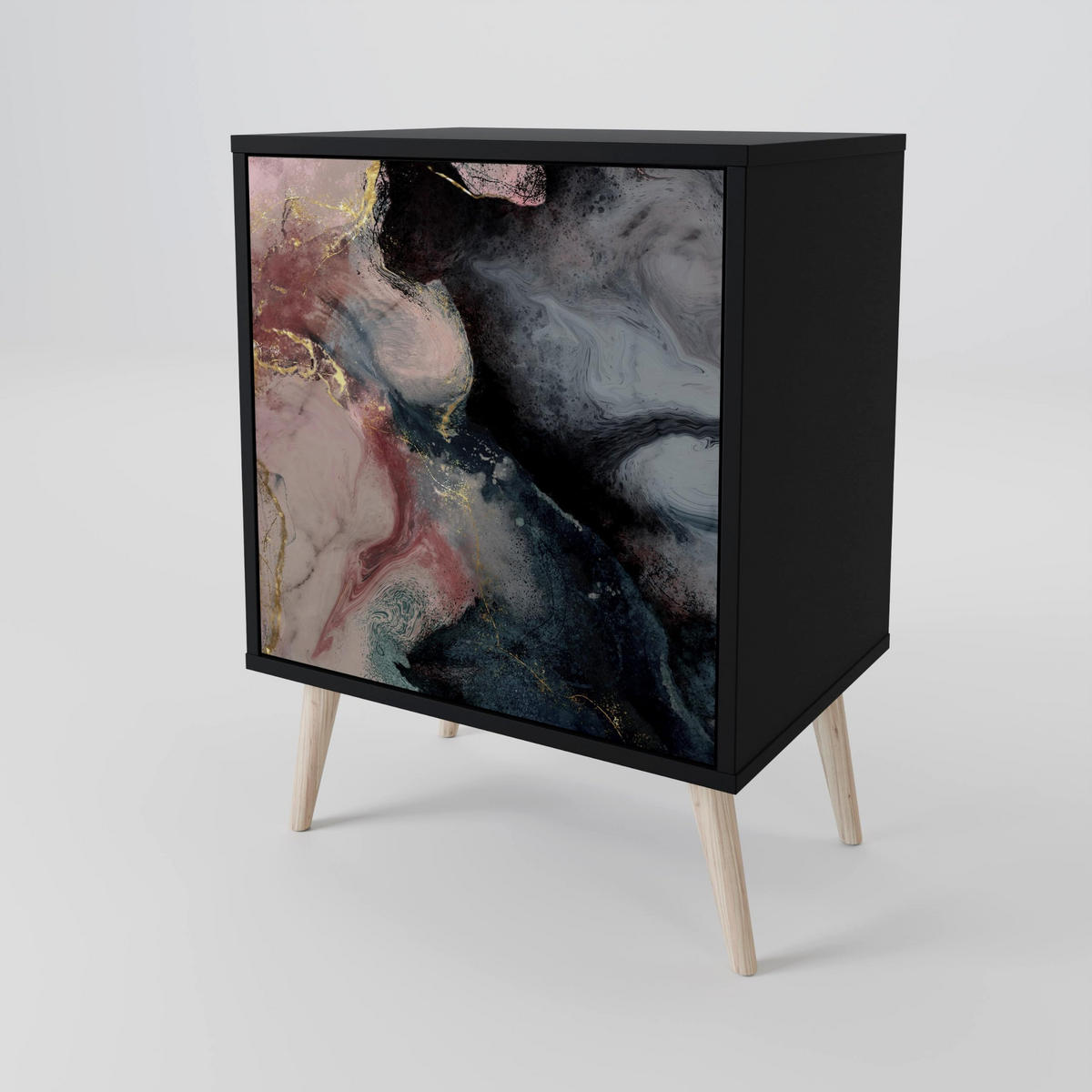 SIDEBOARD GILDED SWIRLS, Schwarz, 57,5x42x75,5 cm, Goldfarbene Metallfüße - Goldfarben/Multicolor, Holzwerkstoff/Metall (57.5/75.5/42cm) - SpaceRebels