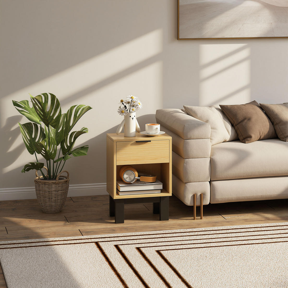NACHTTISCH, Nachtschrank mit Schublade, offenes Fach Nachtkommode Eiche - Eichefarben/Schwarz, Holzwerkstoff (26/50/35cm) - HOMCOM