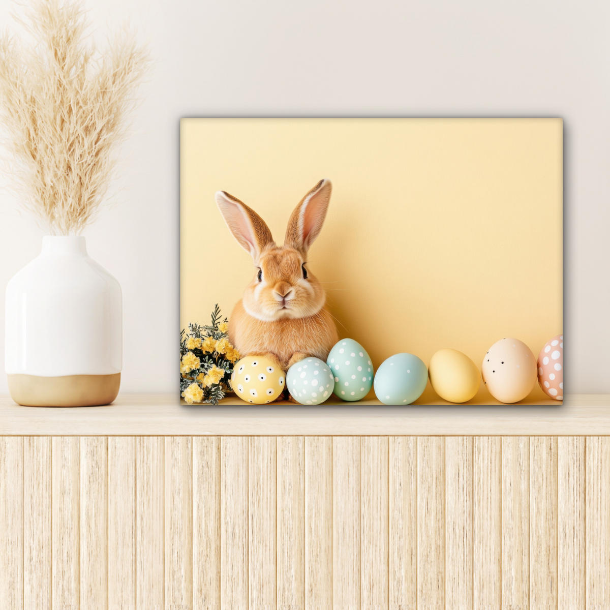 LEINWANDBILD Eier - Kaninchen - Pastellfarbtöne Wandbild 40x30 cm - Hellgelb, Textil (40/30cm) - MuchoWow