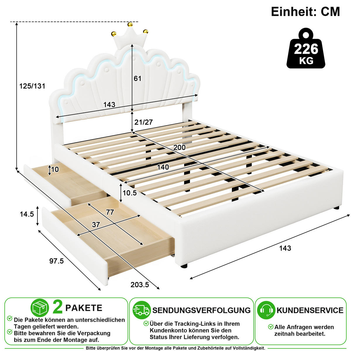 POLSTERBETT 140/200 cm in Weiß mit 2 Schubladen, LED und verstellbarem Kopfteil - Weiß, Holzwerkstoff/Textil (140/200cm) - CHICFURN
