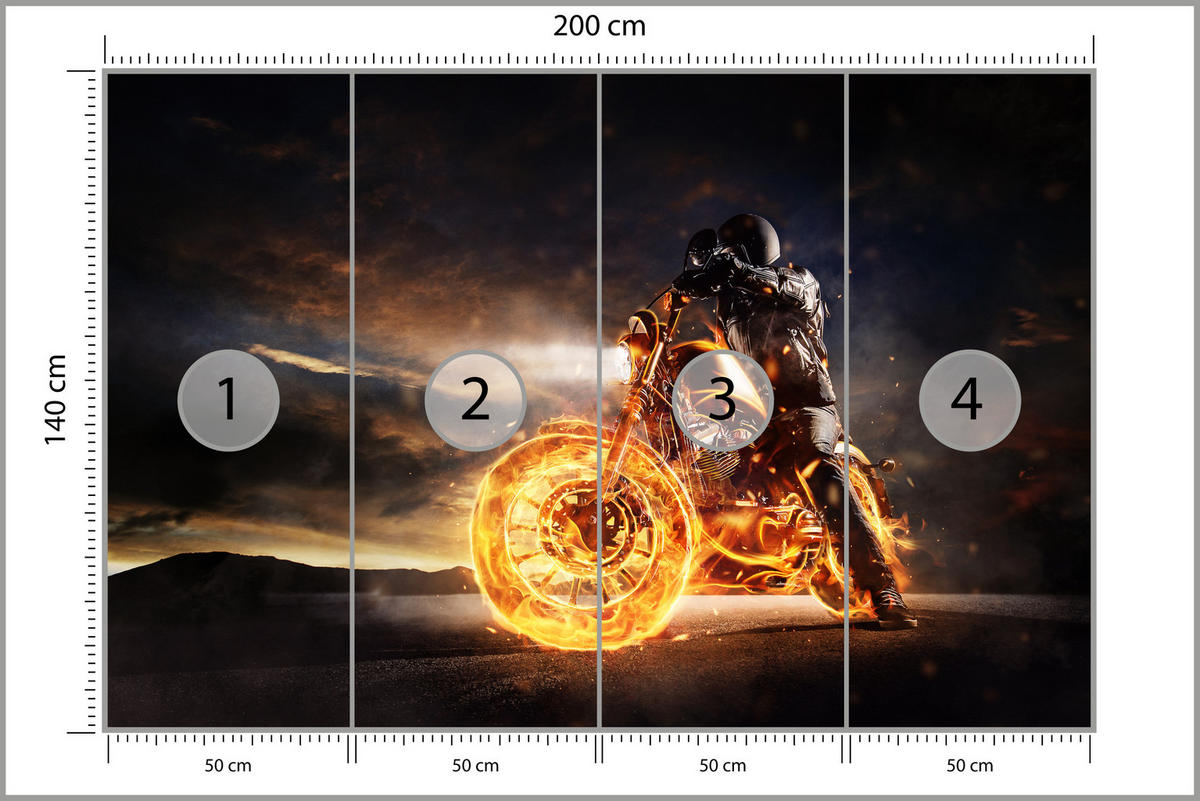FOTOTAPETE für Jugendzimmer Mann Brennenden Motorrad Sport Nacht 200x140 - Schwarz/Orange, Papier (200/140cm) - Muralo